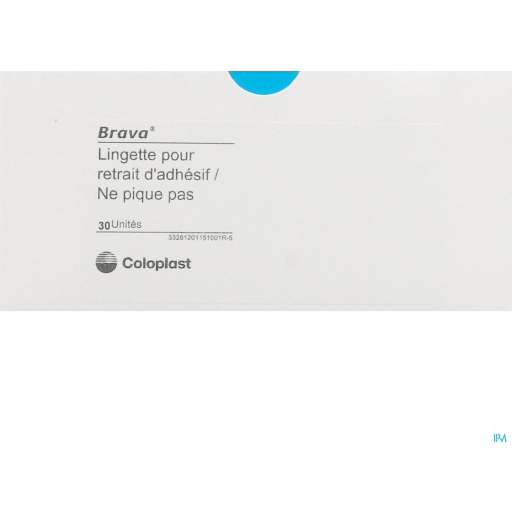 Emballage blanc avec texte: Brava, Lingette pour retrait d'adhésif, 30 unités, Coloplast. Détail bleu en haut.