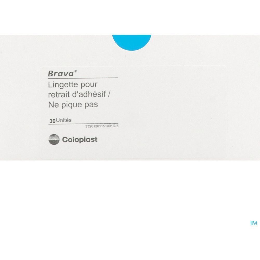 Emballage blanc avec texte: Brava, Lingette pour retrait d'adhésif, 30 unités, Coloplast. Détail bleu en haut.