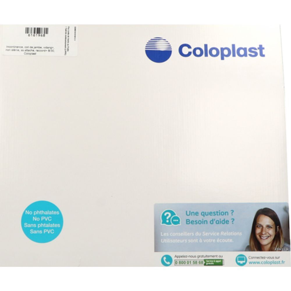 Boîte blanche Coloplast. Logo bleu et texte. Autocollant : Sans phtalates, sans PVC. Autocollant question/réponse avec coordonnées.