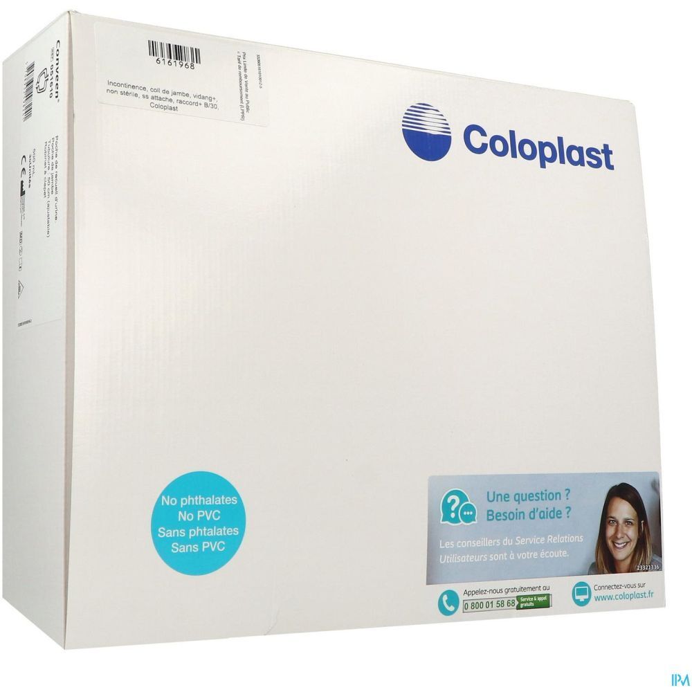 Boîte blanche Coloplast. Logo bleu et texte. Autocollant : Sans phtalates, sans PVC. Autocollant question/réponse avec coordonnées.