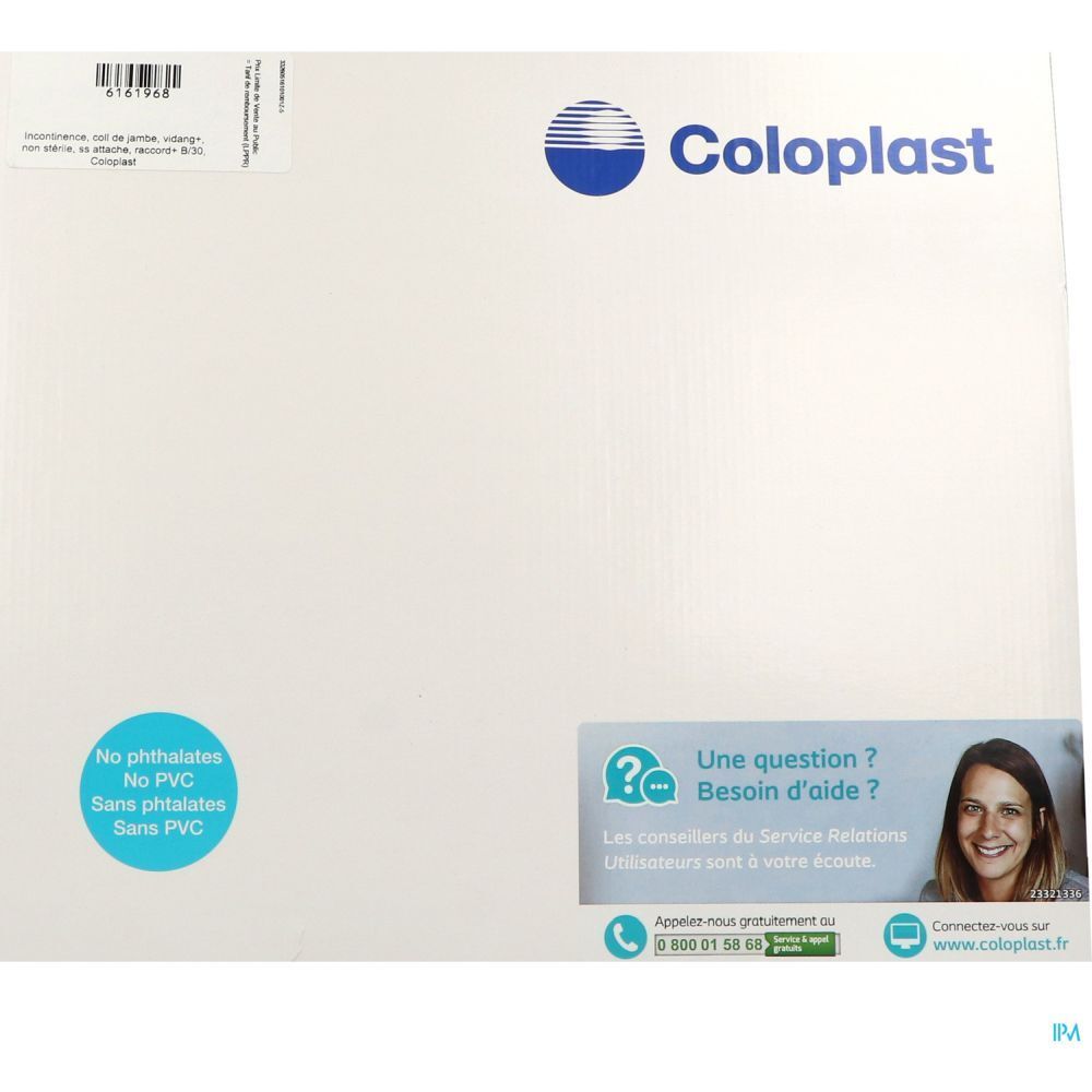 Boîte blanche Coloplast. Logo bleu et texte. Autocollant : Sans phtalates, sans PVC. Autocollant question/réponse avec coordonnées.