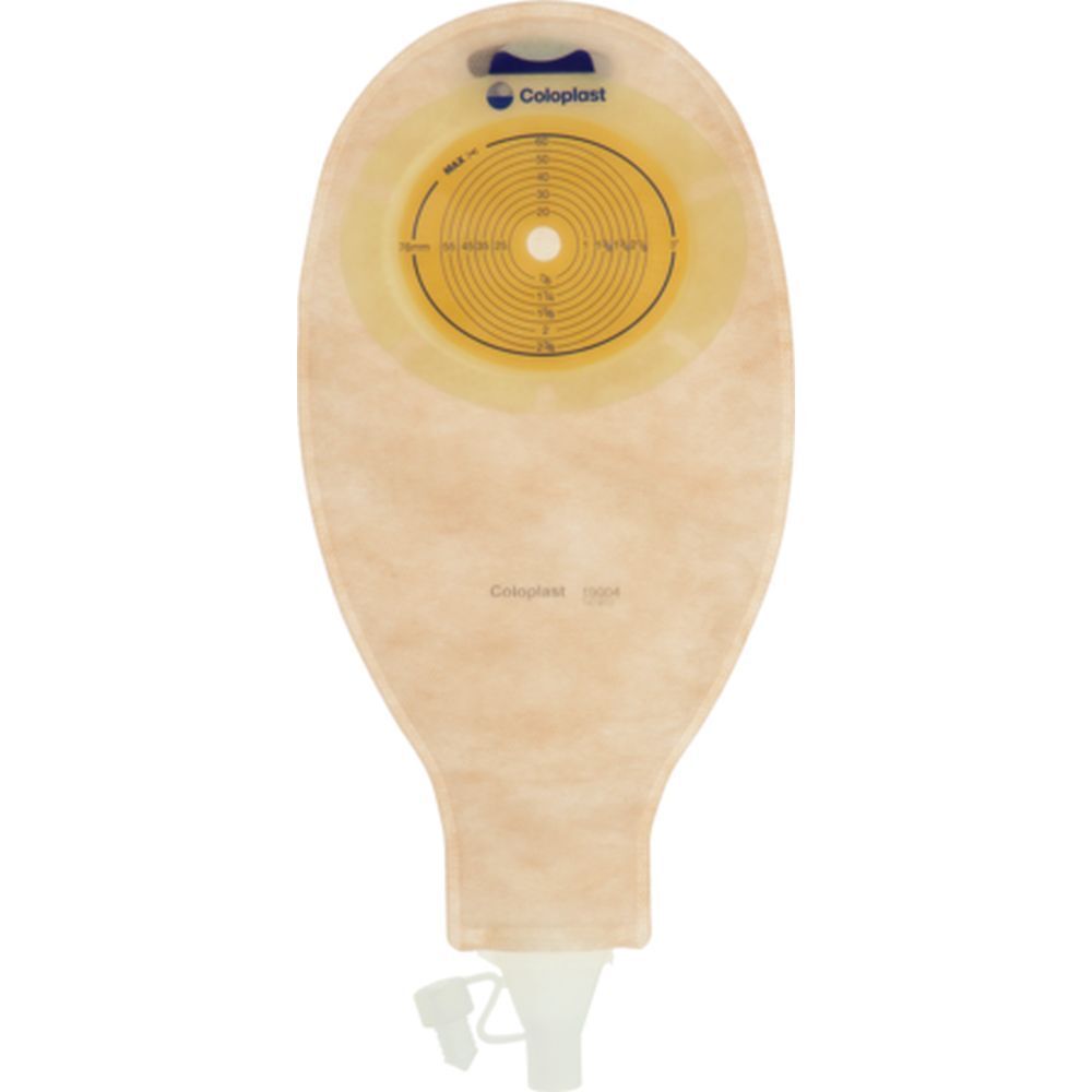 Poche avec orifice jaune, anneau adhésif transparent et sortie blanche. Marque Coloplast.