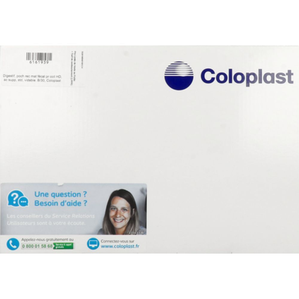 Emballage blanc avec logo Coloplast et coordonnées. Contient une image d'une femme.