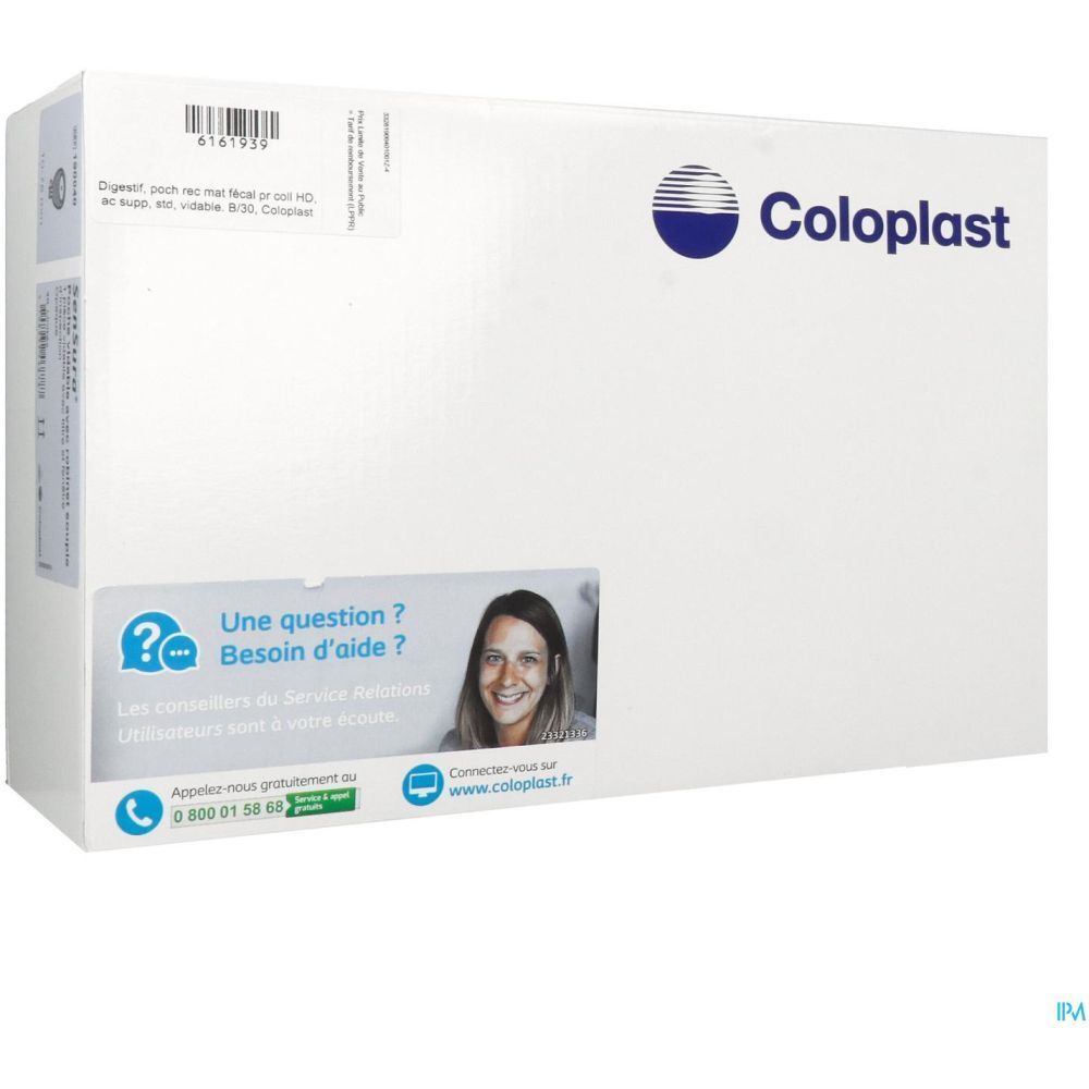 Emballage blanc avec logo Coloplast et coordonnées. Contient une image d'une femme.