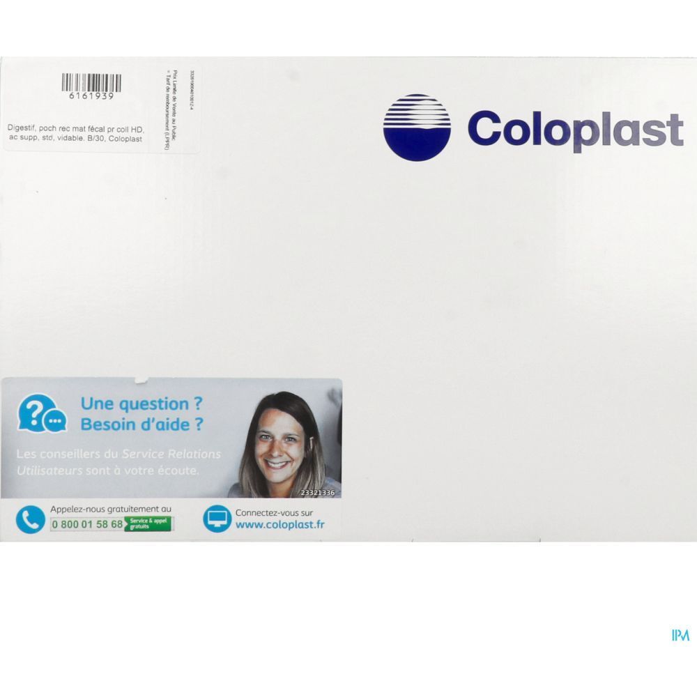 Emballage blanc avec logo Coloplast et coordonnées. Contient une image d'une femme.