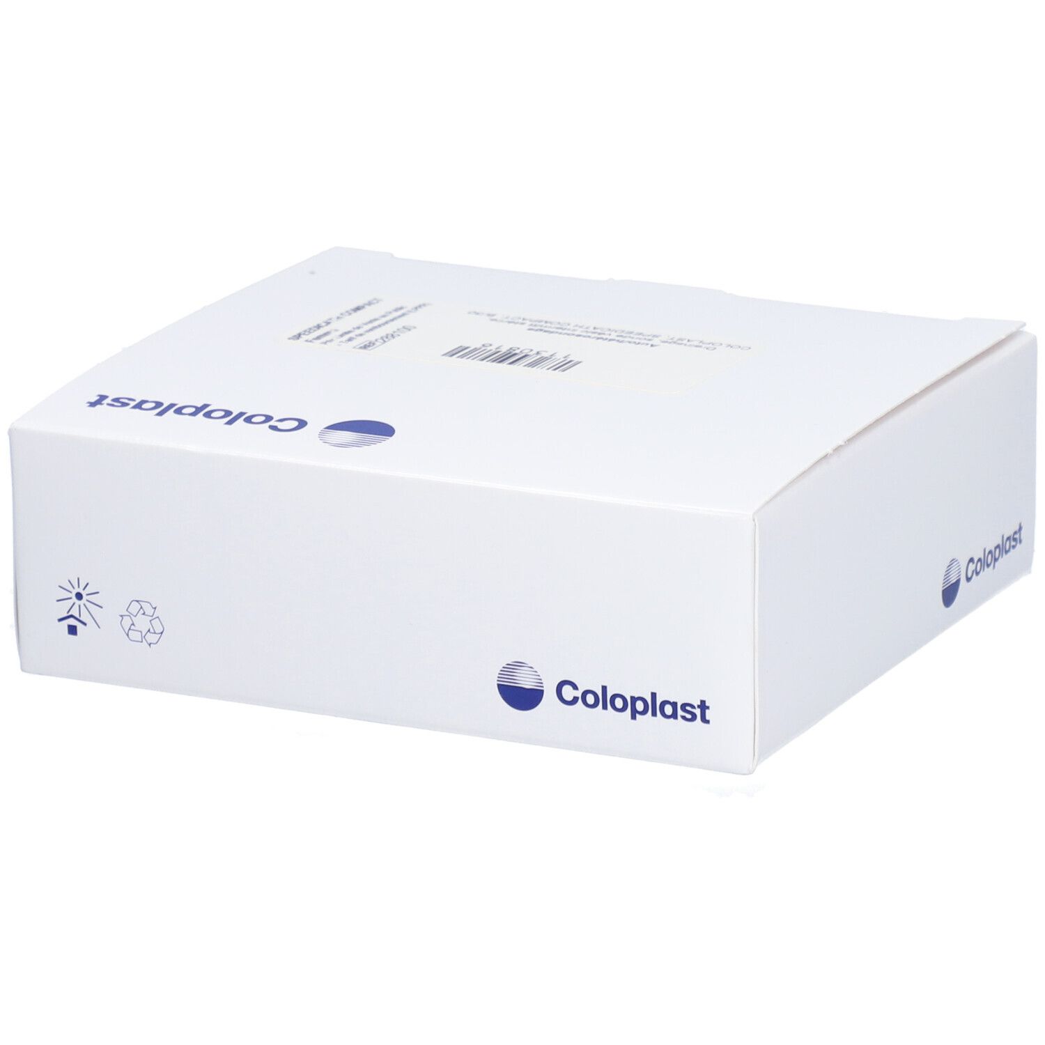 Boîte blanche avec logo Coloplast. Code-barres et informations produit sur le dessus.