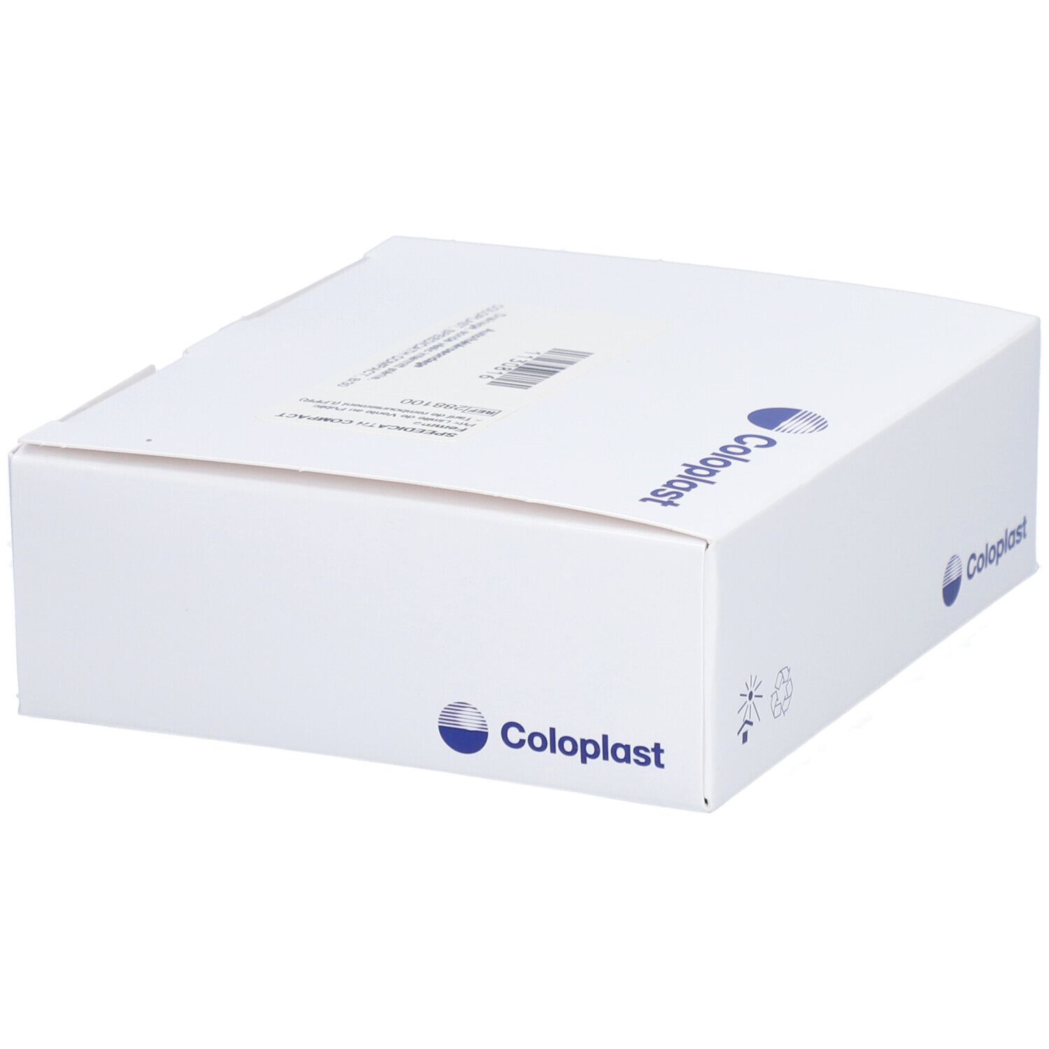 Boîte blanche avec logo Coloplast. Code-barres et informations produit sur le dessus.