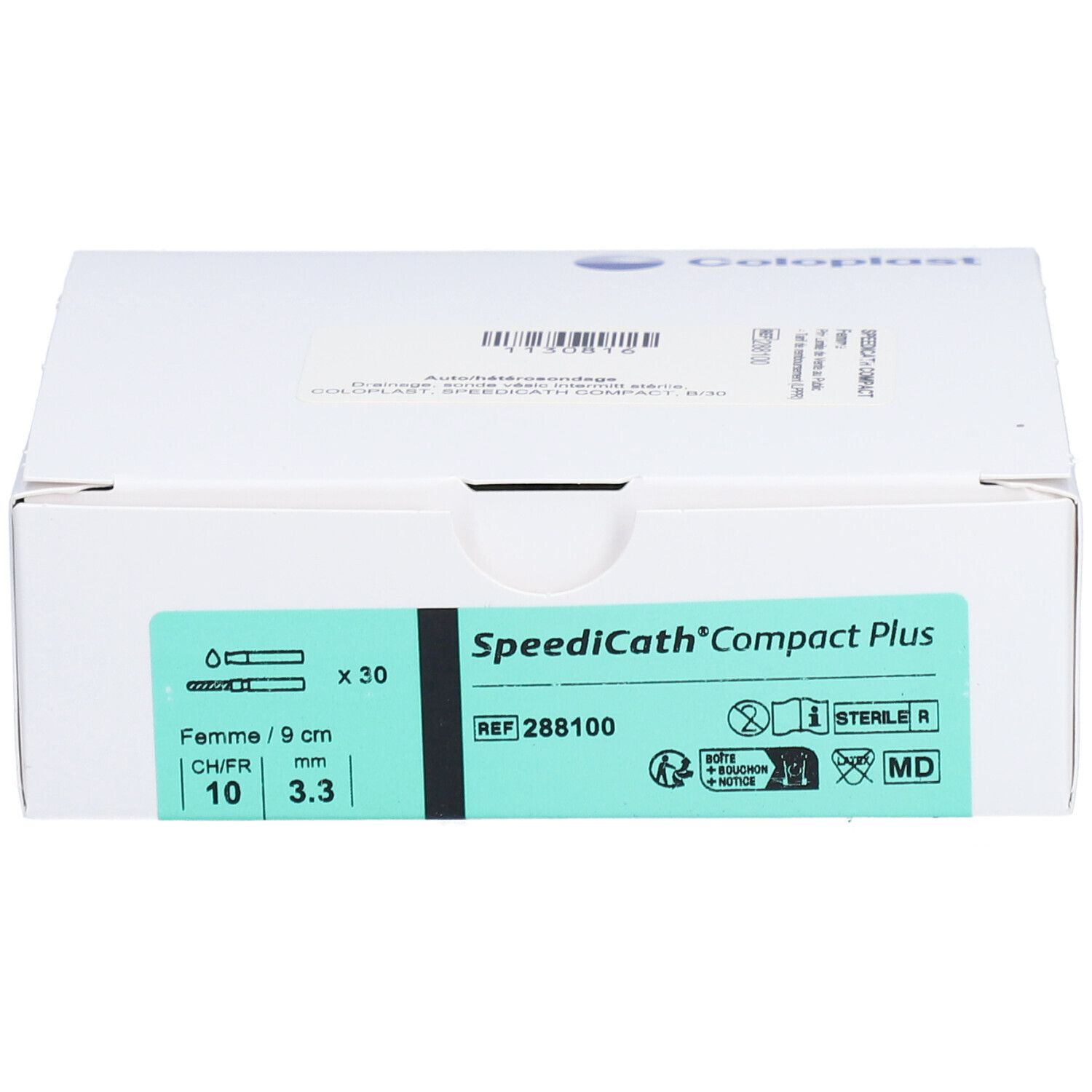 Boîte blanche avec informations produit. Inscription: SpeediCath Compact Plus, Coloplast. Détails verts.