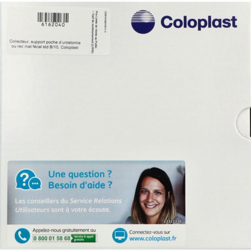 Boîte Coloplast. Informations produit, logo et coordonnées. Support poche d'urostomie ou rec mat fécal std 8/10.