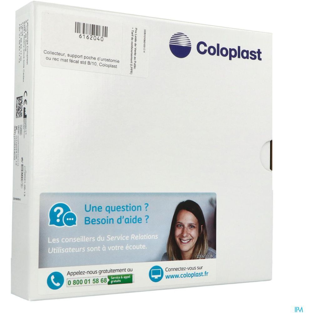 Boîte Coloplast. Informations produit, logo et coordonnées. Support poche d'urostomie ou rec mat fécal std 8/10.