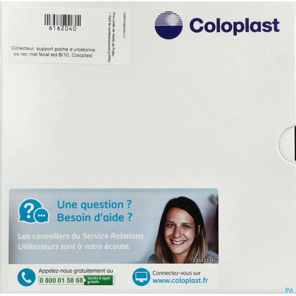 Boîte Coloplast. Informations produit, logo et coordonnées. Support poche d'urostomie ou rec mat fécal std 8/10.