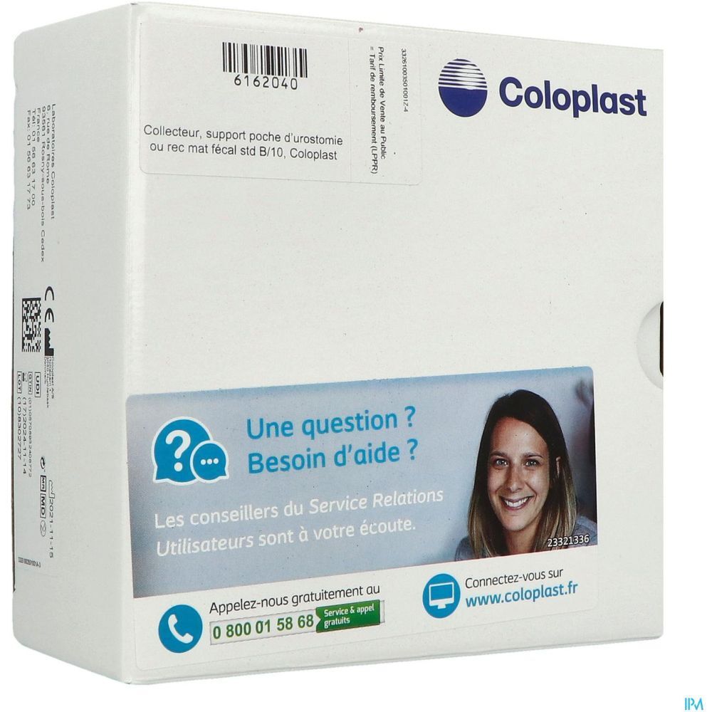 Boîte blanche Coloplast. Autocollant avec informations de contact et portrait de femme souriante. Texte: Une question ? Besoin d'aide ?