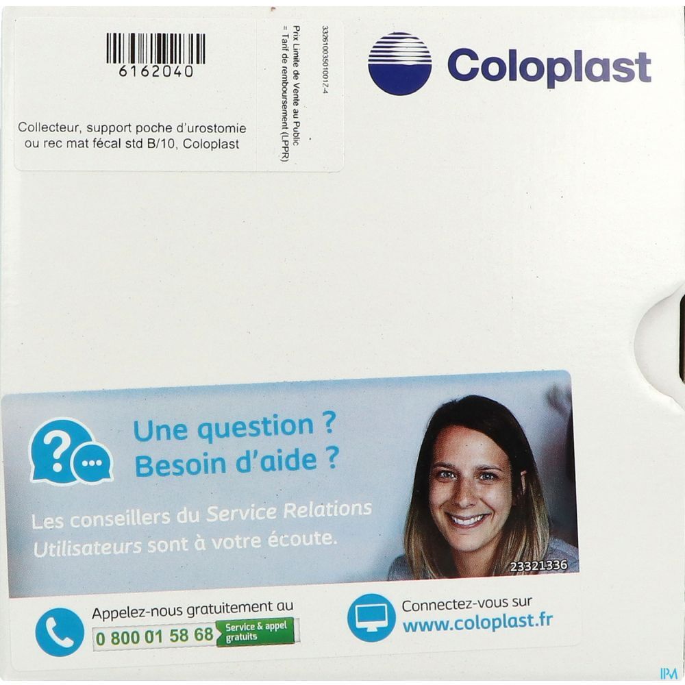 Boîte blanche Coloplast. Autocollant avec informations de contact et portrait de femme souriante. Texte: Une question ? Besoin d'aide ?
