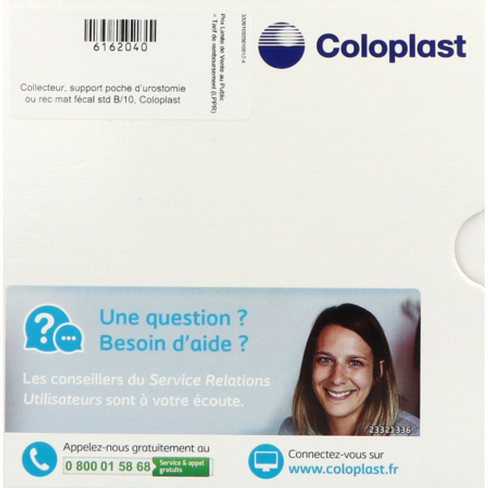 Emballage blanc Coloplast. Texte: "Collecteur, support poche d'urostomie ou rec mat fécal std B/10, Coloplast". Logo et informations de contact.