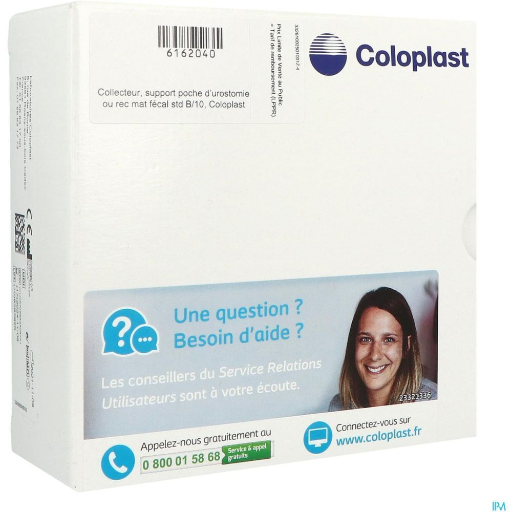 Boîte blanche Coloplast. Texte: "Collecteur, support poche d'urostomie ou rec mat fécal std B/10, Coloplast". Logo et informations de contact.