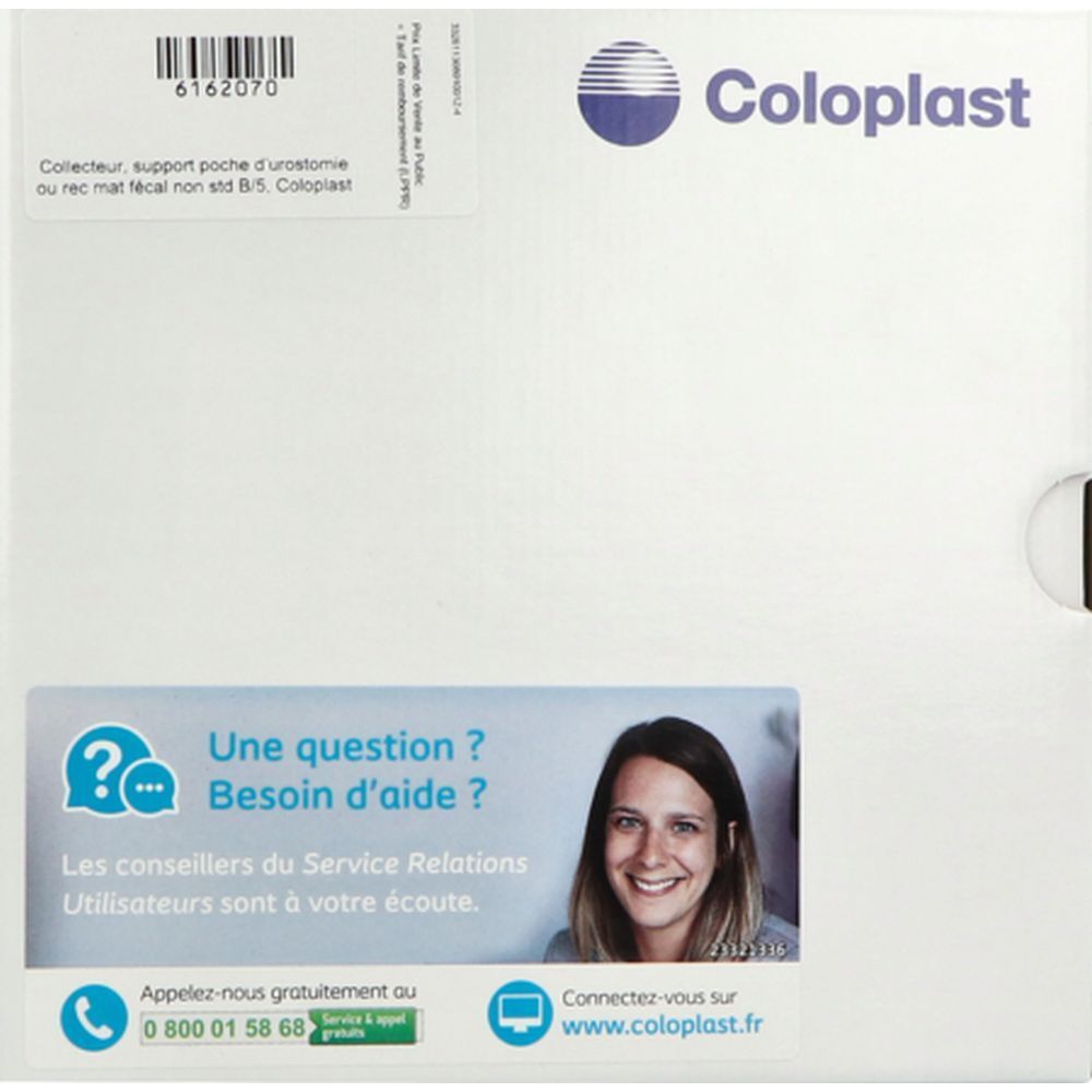 Boîte blanche avec logo Coloplast. Autocollant avec point d'interrogation et femme. Texte : "Une question ? Besoin d'aide ?" et coordonnées.