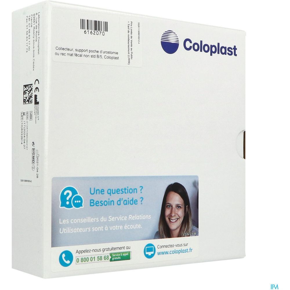 Boîte blanche avec logo Coloplast. Autocollant avec point d'interrogation et femme. Texte : "Une question ? Besoin d'aide ?" et coordonnées.