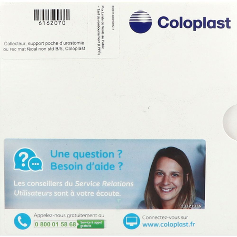 Boîte Coloplast. Texte et logo. Autocollant avec question et coordonnées. Code 6162070.