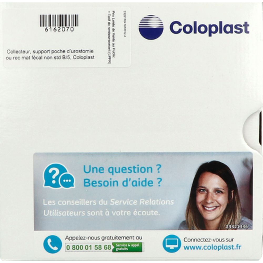 Boîte Coloplast. Texte : Collecteur, support poche d'urostomie ou rec mat fécal non std B/5. Informations de contact et logo.