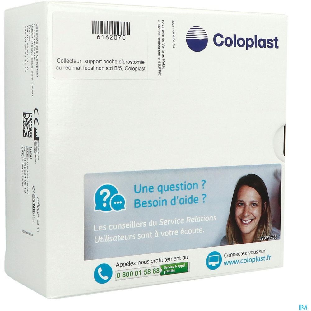Boîte Coloplast. Texte : Collecteur, support poche d'urostomie ou rec mat fécal non std B/5. Informations de contact et logo.