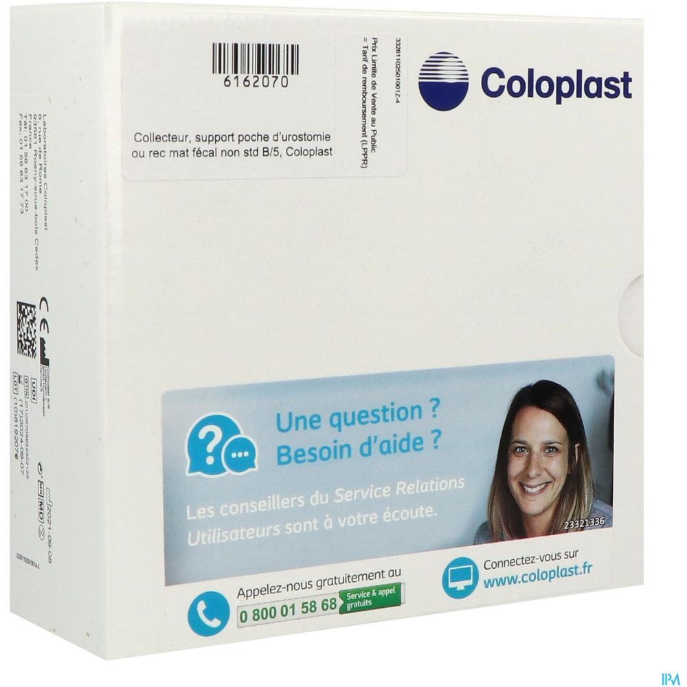 Boîte Coloplast. Texte: "Collecteur, support poche d'urostomie ou rec mat fécal non std B/5, Coloplast". Zone de contact client.
