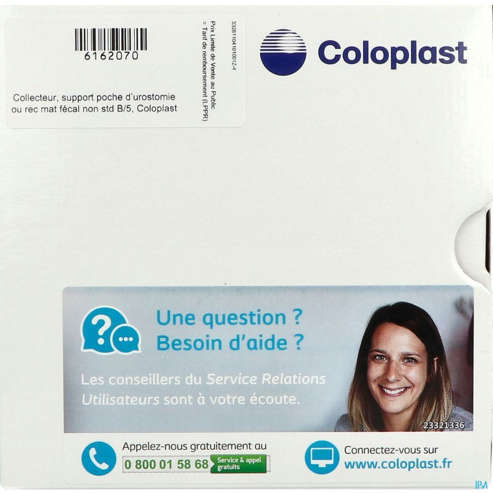 Boîte Coloplast. Texte: "Collecteur, support poche d'urostomie ou rec mat fécal non std B/5, Coloplast". Zone de contact client.