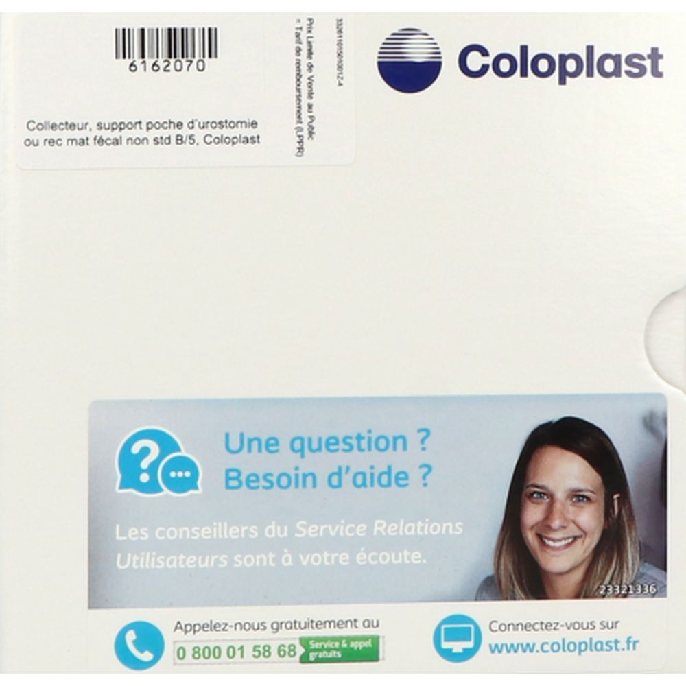 Boîte blanche Coloplast. Étiquette avec informations produit et contact. Logo et texte "Une question ? Besoin d'aide ?".
