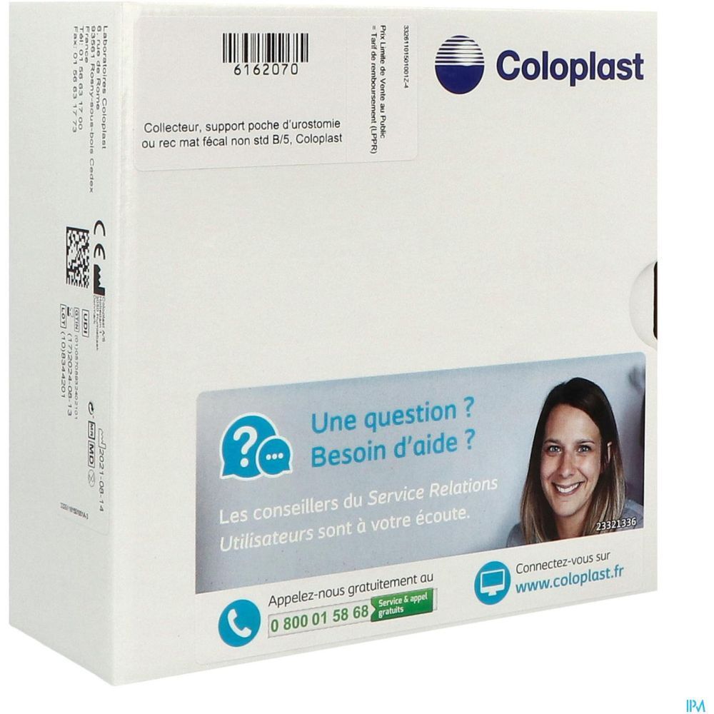 Boîte blanche Coloplast. Étiquette avec informations produit et contact. Femme souriante. Logo et texte "Une question ? Besoin d'aide ?".