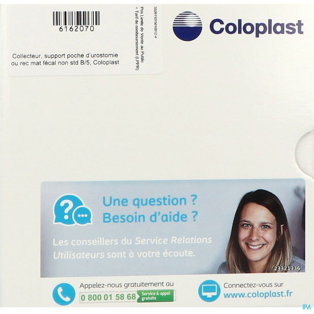 Boîte blanche Coloplast. Étiquette avec informations produit et contact. Logo et texte "Une question ? Besoin d'aide ?".