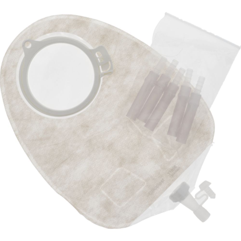 Poche d'urostomie transparente avec valve de vidange et anneau de fixation. Contient plusieurs connecteurs.