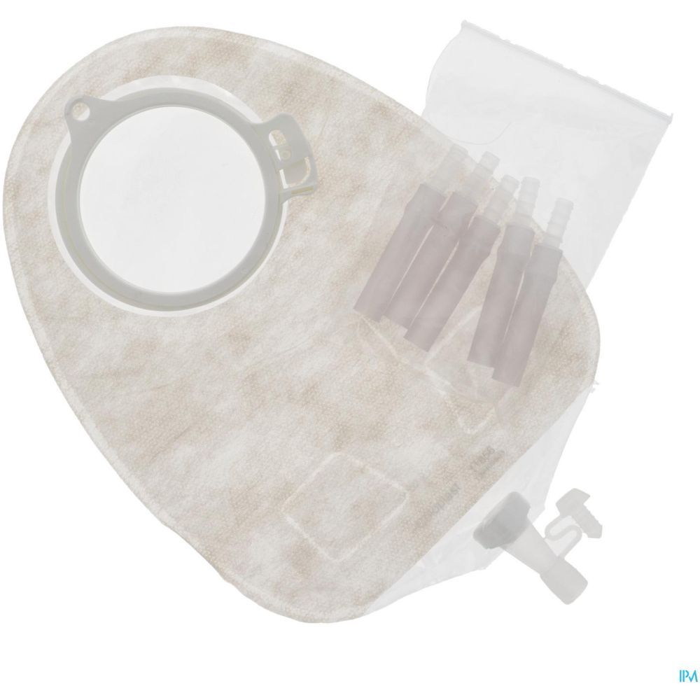 Poche d'urostomie transparente avec valve de vidange et anneau de fixation. Contient plusieurs connecteurs.