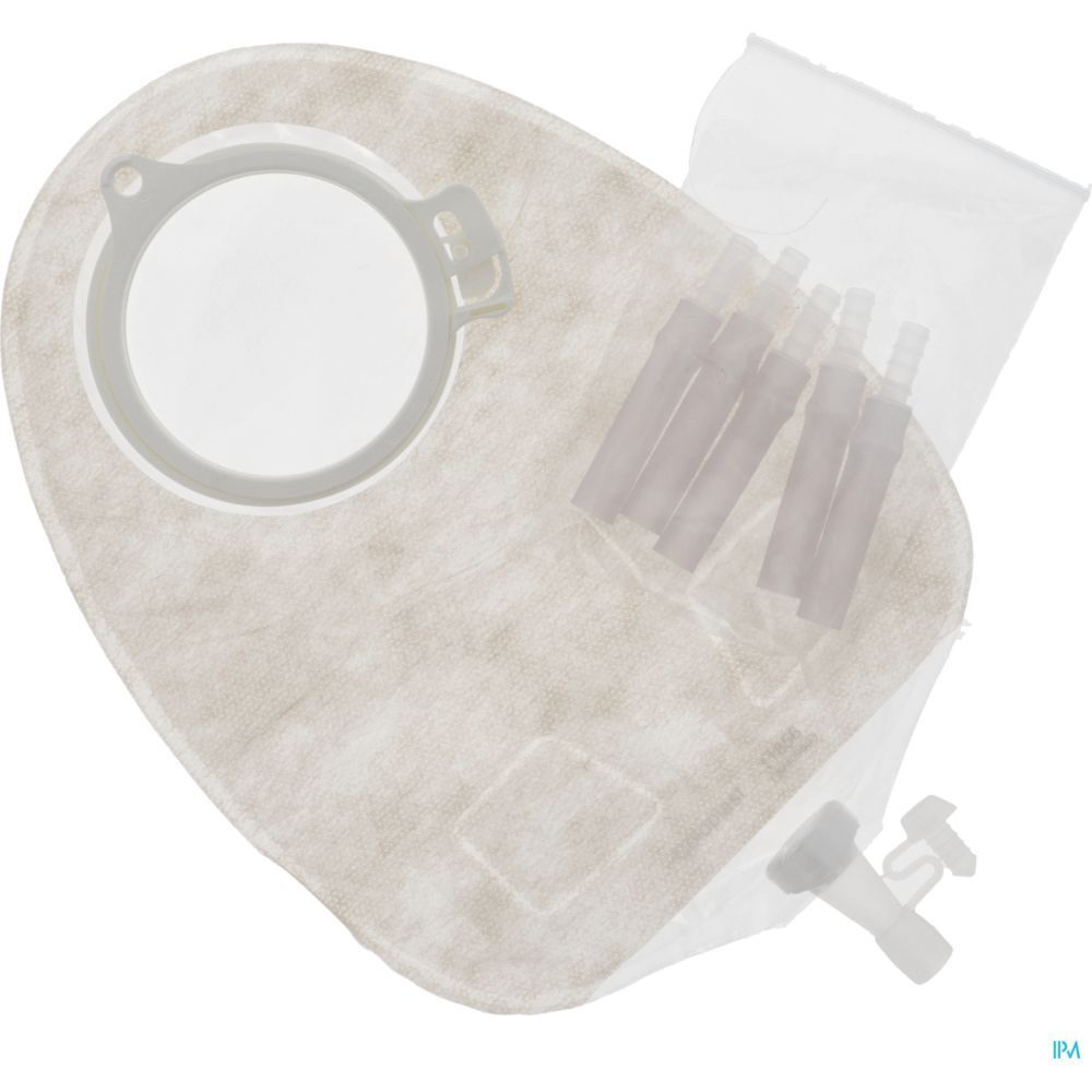 Poche d'urostomie transparente avec valve de vidange et anneau de fixation. Contient plusieurs connecteurs.