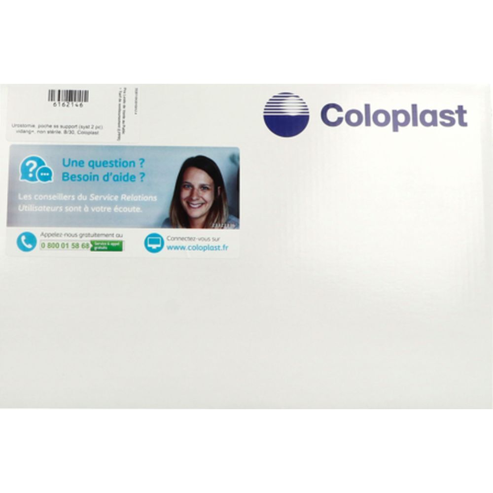 Emballage blanc avec logo Coloplast. Autocollant avec question et aide, numéro de téléphone et site web. Visage de femme.