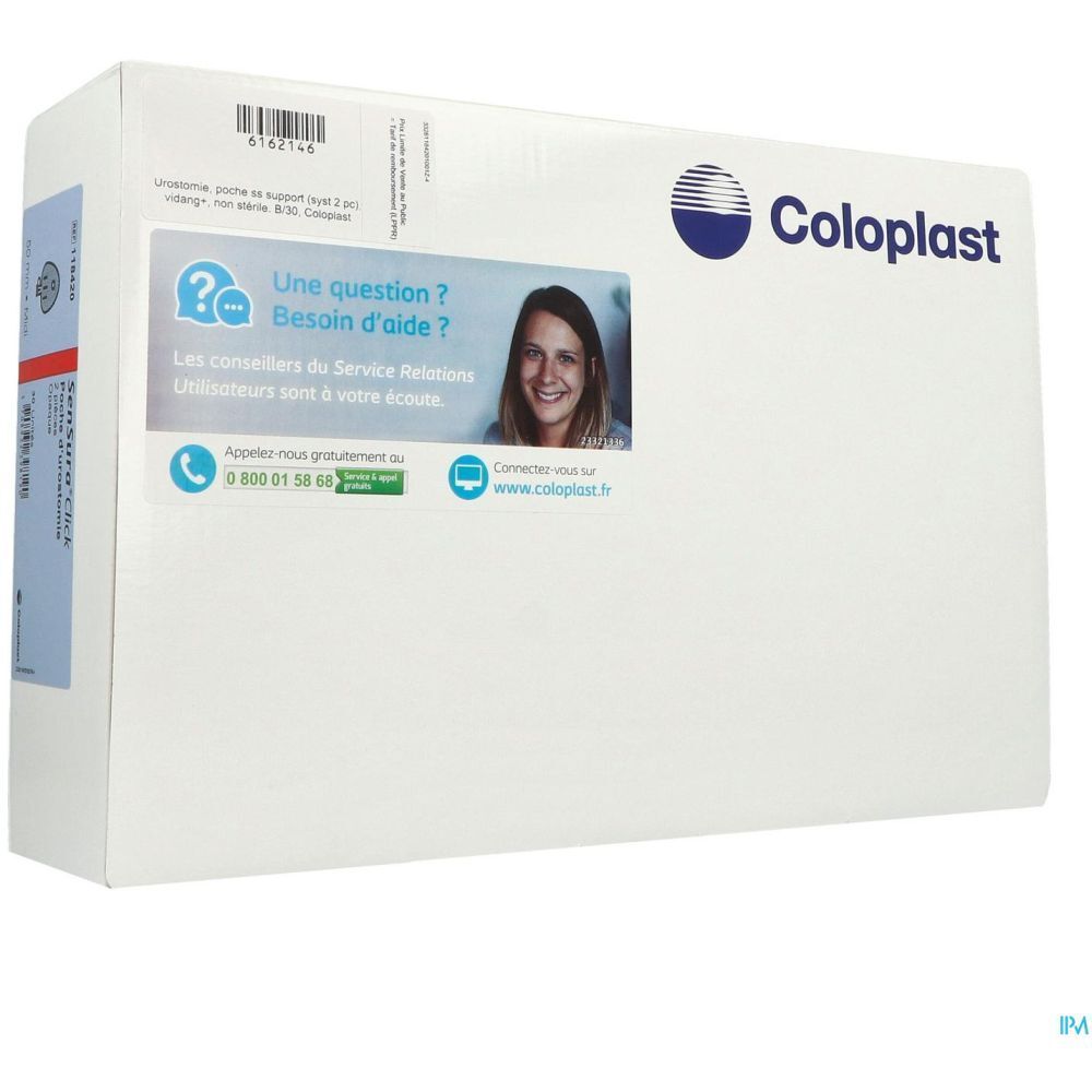 Emballage blanc avec logo Coloplast. Autocollant avec question et aide, numéro de téléphone et site web. Visage de femme. Vue latérale.