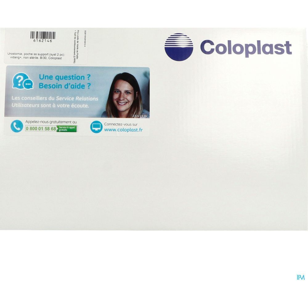 Emballage blanc avec logo Coloplast. Autocollant avec question et aide, numéro de téléphone et site web. Visage de femme.