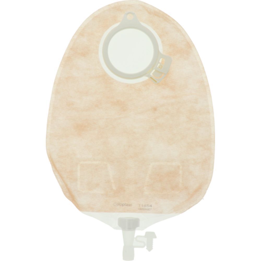 Poche d'urostomie transparente avec orifice. Poche beige avec anneau et fermeture blancs.