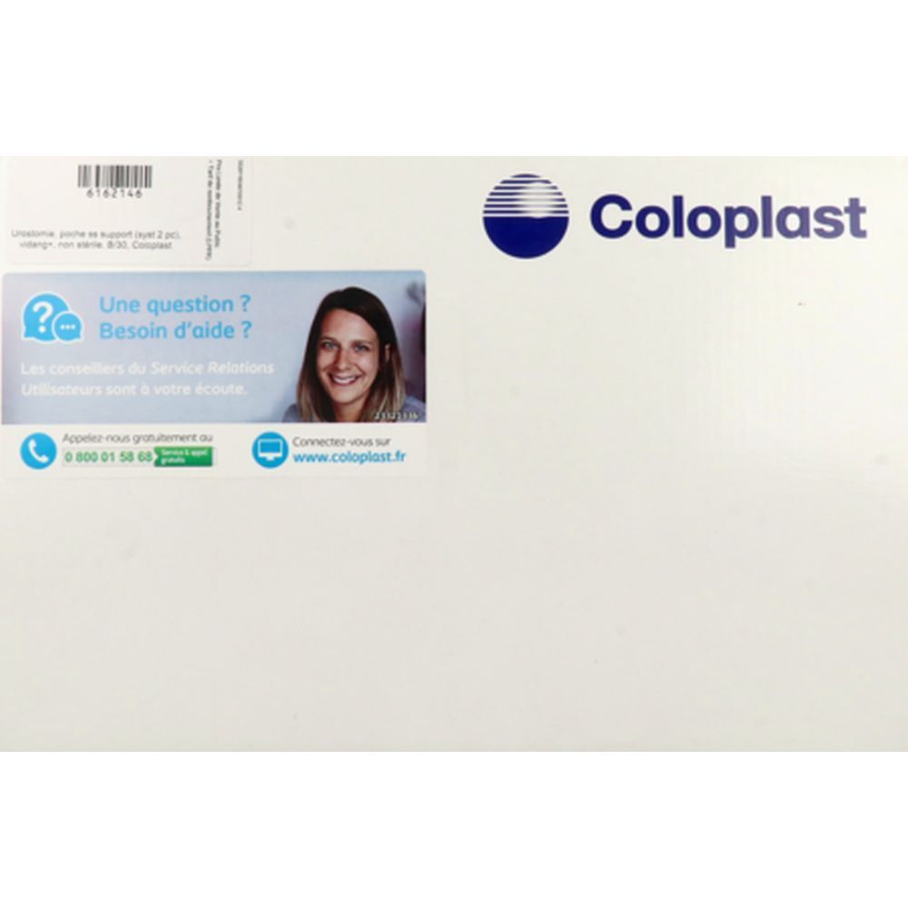Emballage avec logo Coloplast et coordonnées. Contient une photo d'une femme.