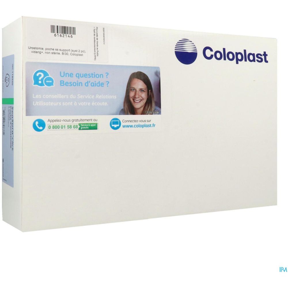 Emballage avec logo Coloplast et coordonnées. Contient une photo d'une femme.