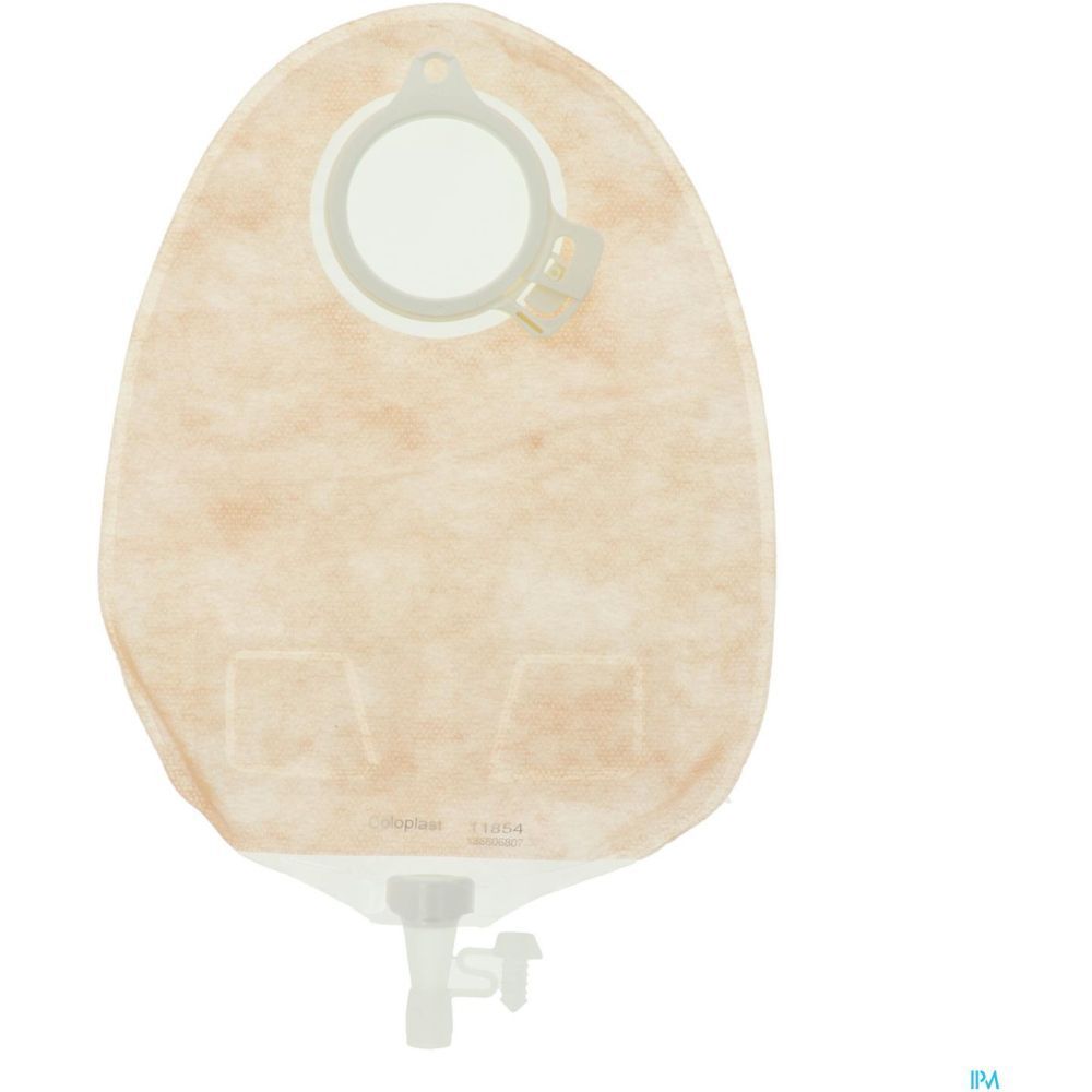 Poche d'urostomie transparente avec orifice. Poche beige avec anneau et fermeture blancs.