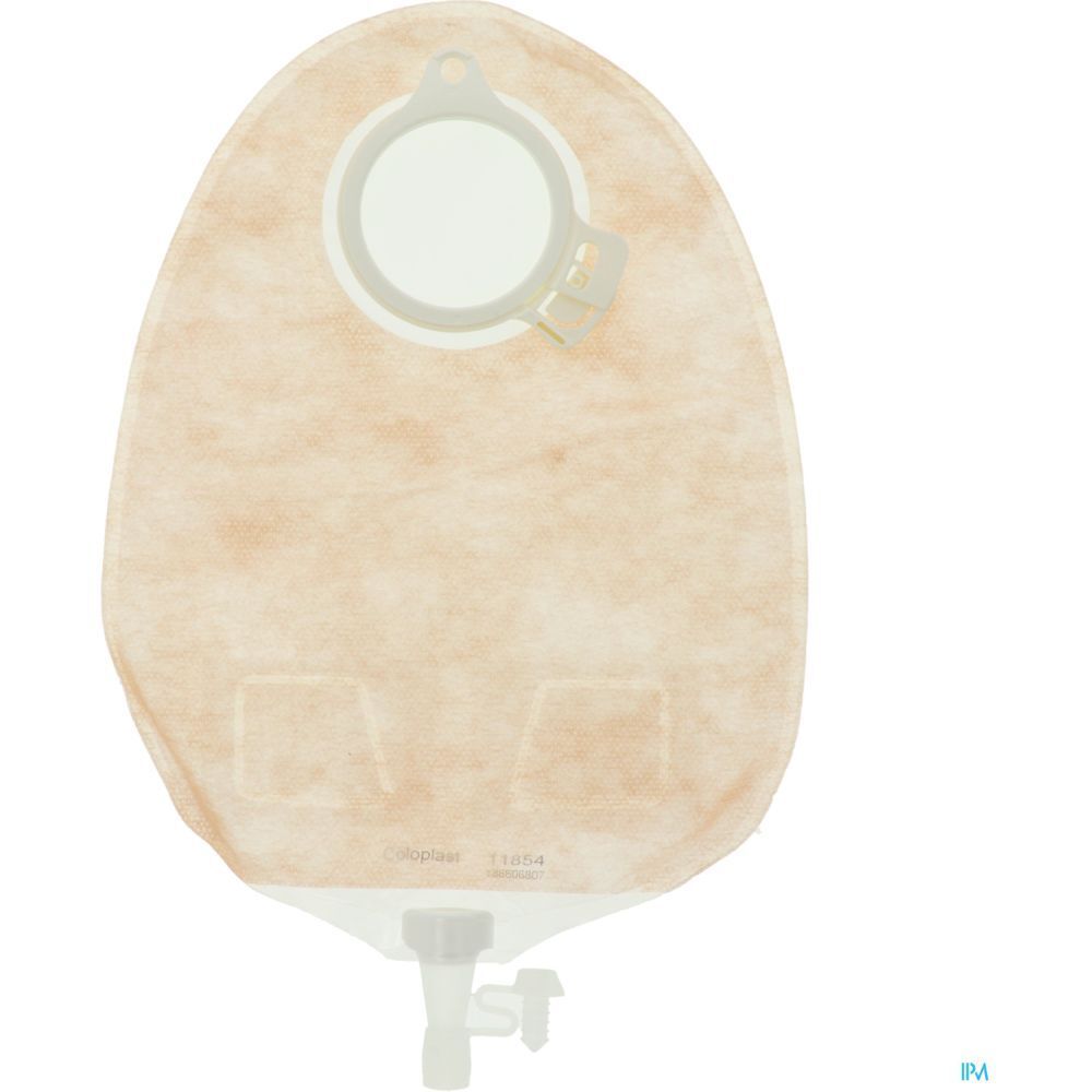 Poche d'urostomie transparente avec orifice. Poche beige avec anneau et fermeture blancs.