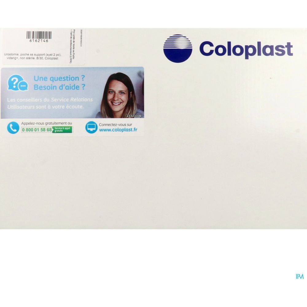 Emballage blanc Coloplast. Logo bleu et texte. Autocollant avec question, numéro de téléphone et site web.