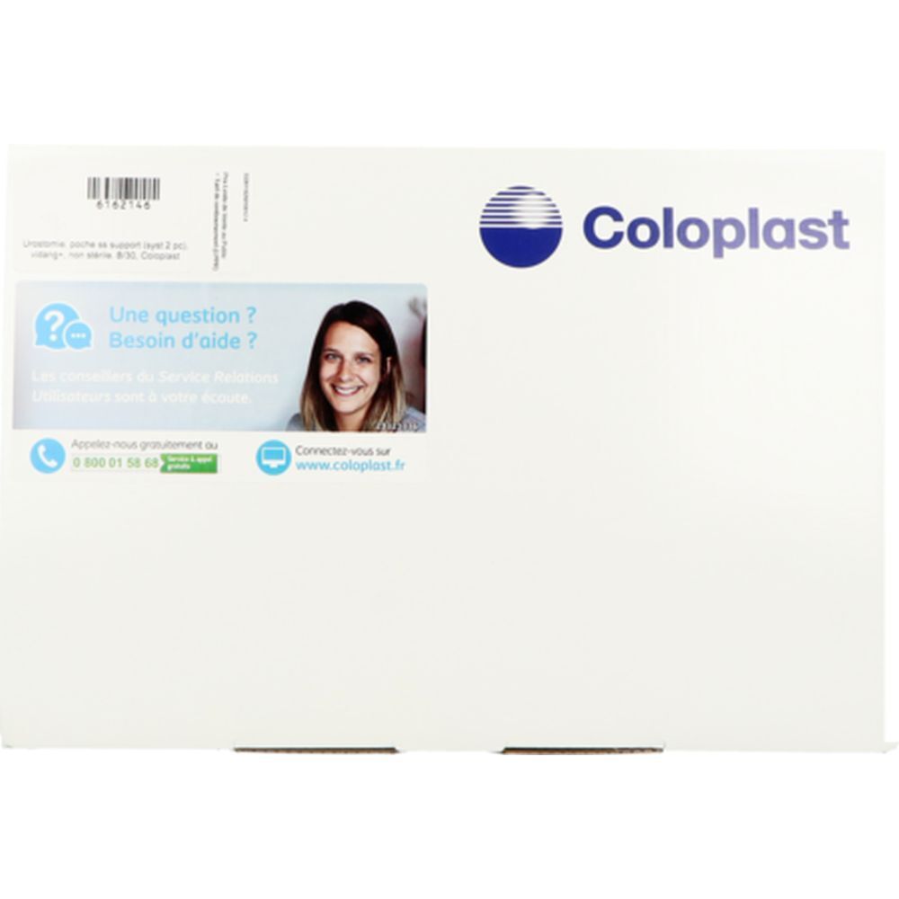 Emballage avec logo Coloplast et coordonnées. Contient une section questions/aide avec numéro de téléphone.