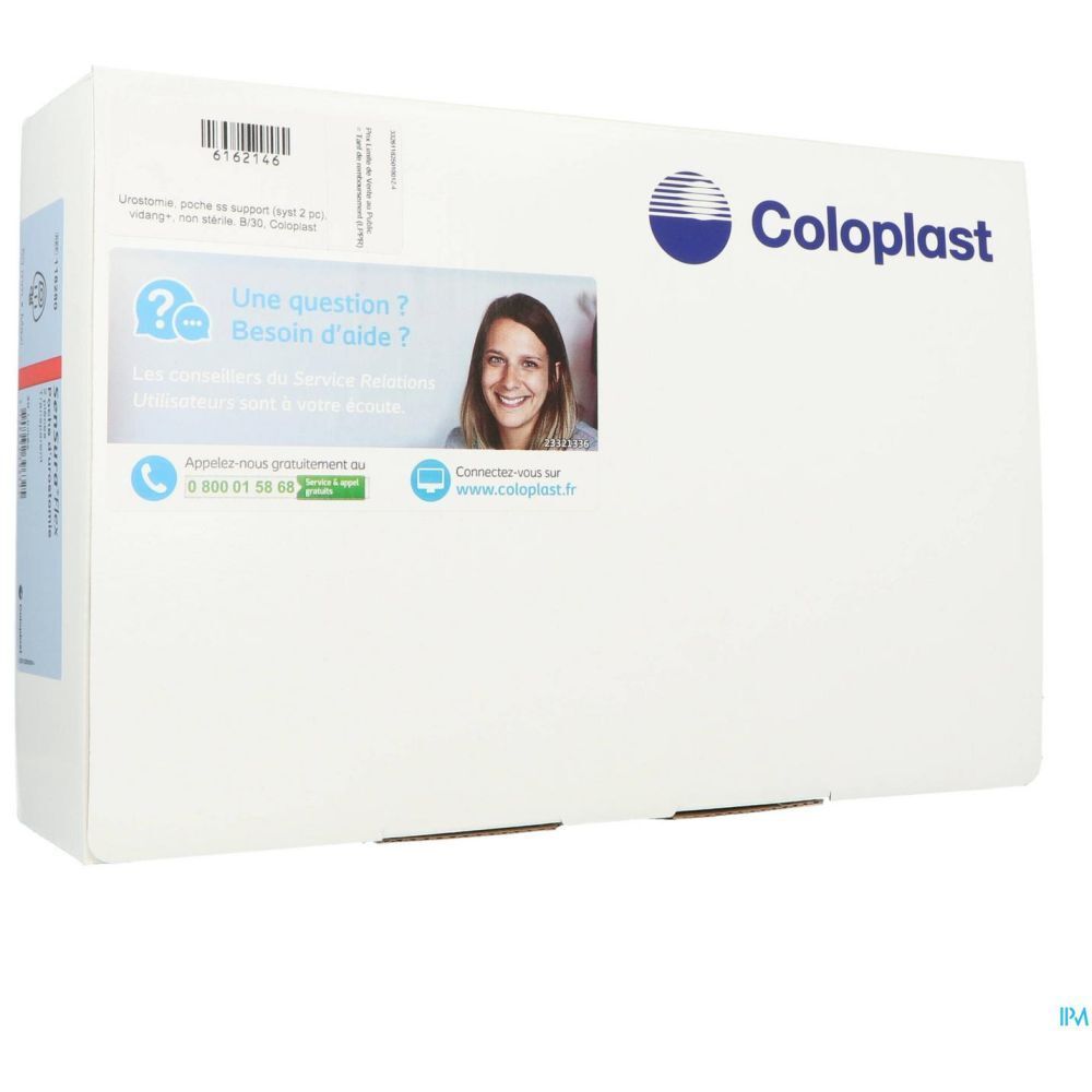 Emballage avec logo Coloplast et coordonnées. Contient une section questions/aide avec numéro de téléphone.
