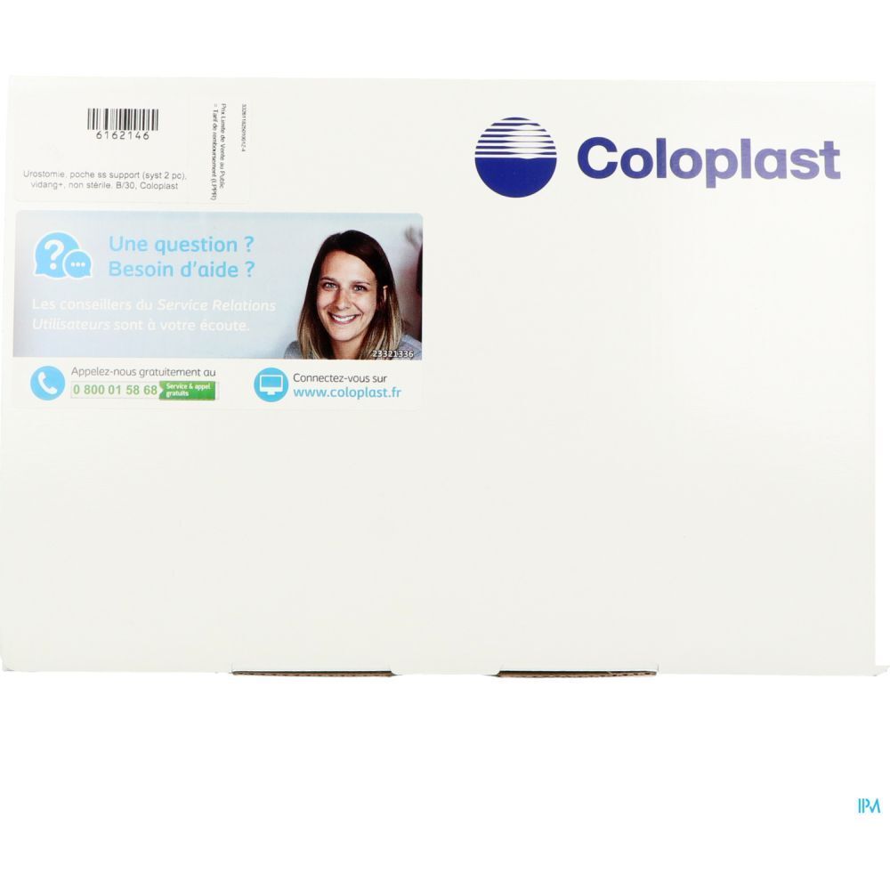 Emballage avec logo Coloplast et coordonnées. Contient une section questions/aide avec numéro de téléphone.
