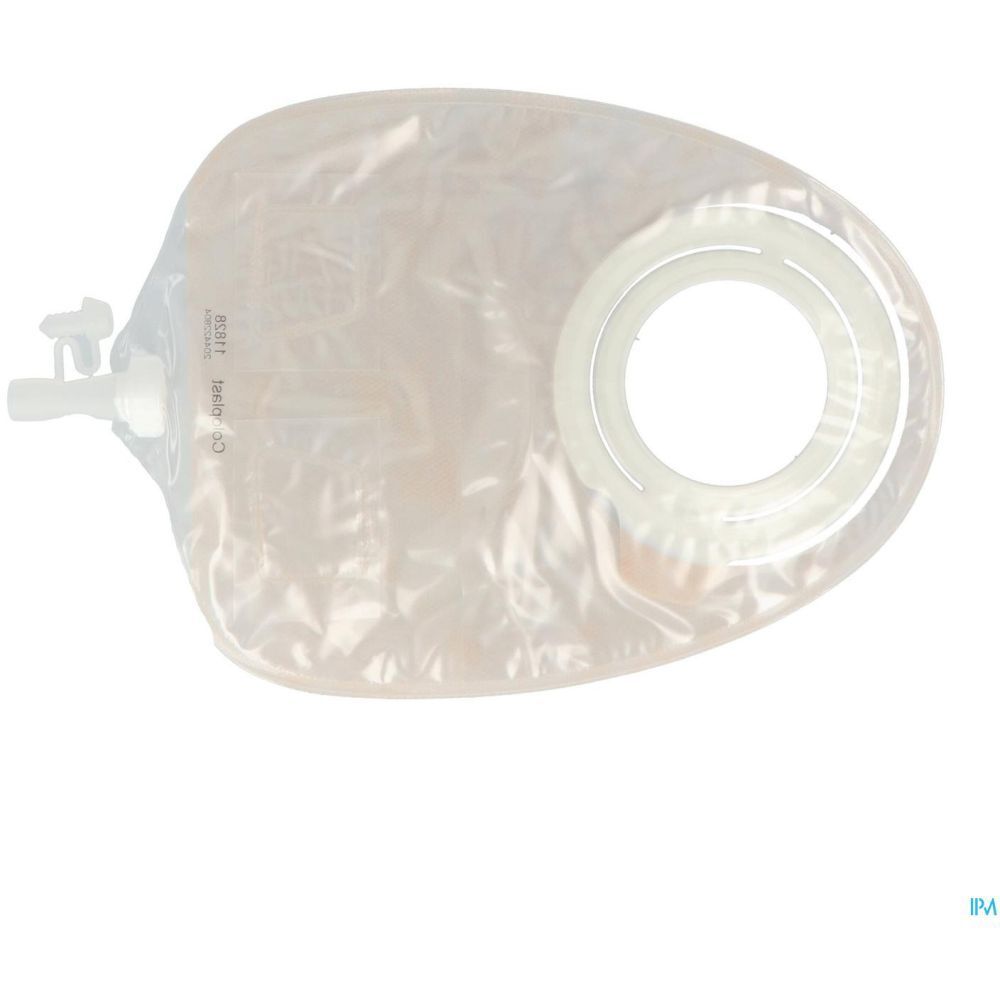 Poche d'urostomie transparente avec orifice et anneau. Détails visibles : robinet de vidange, raccord annulaire.