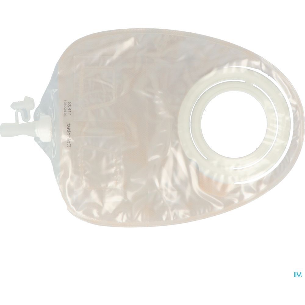 Poche d'urostomie transparente avec orifice et anneau. Détails visibles : robinet de vidange, raccord annulaire.