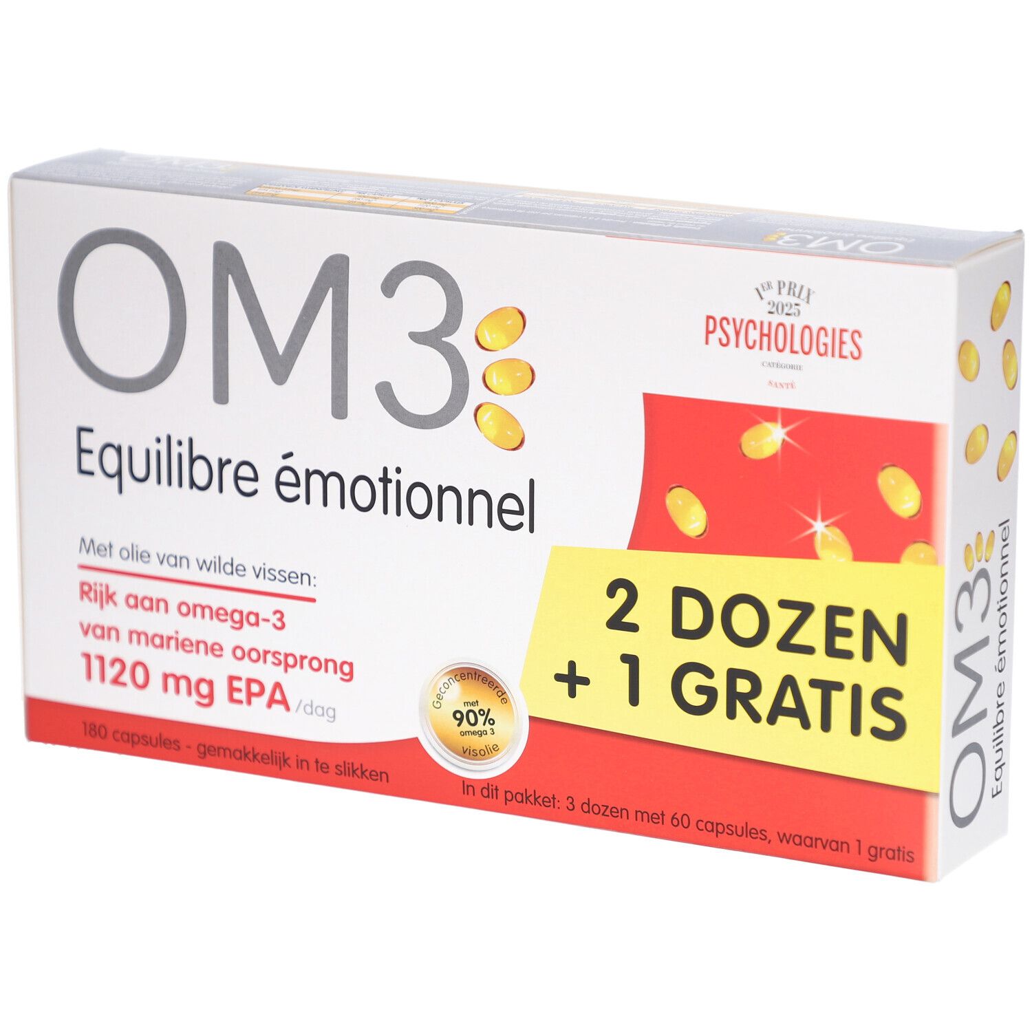 Boîte blanche OM3. Inscription: Equilibre émotionnel. Contient des gélules. 2 Dozen + 1 Gratis. Logo Psychologies.