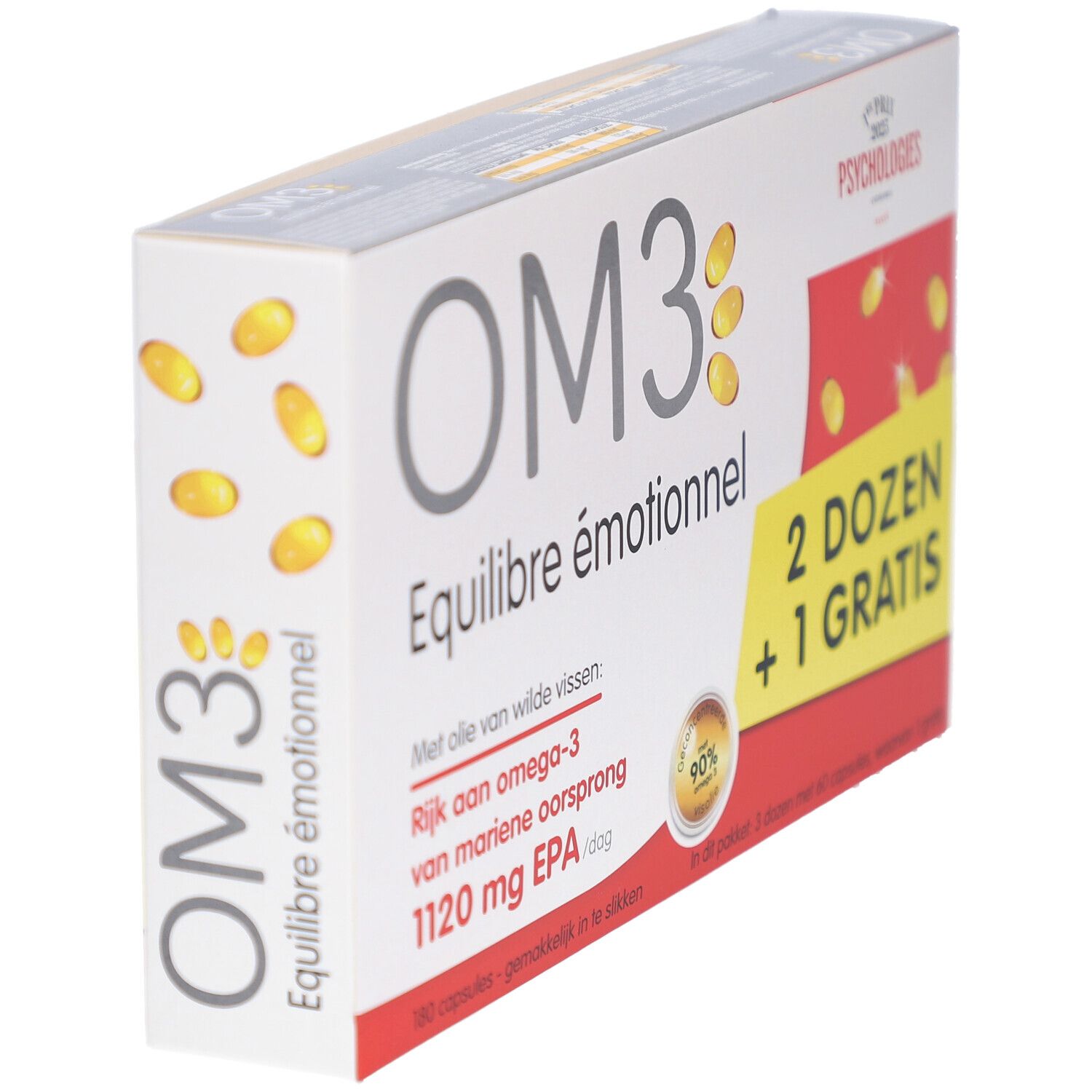 Boîte OM3 blanche en biais. Texte: Equilibre émotionnel. 2 Dozen + 1 Gratis. Contient des gélules. Logo Psychologies.