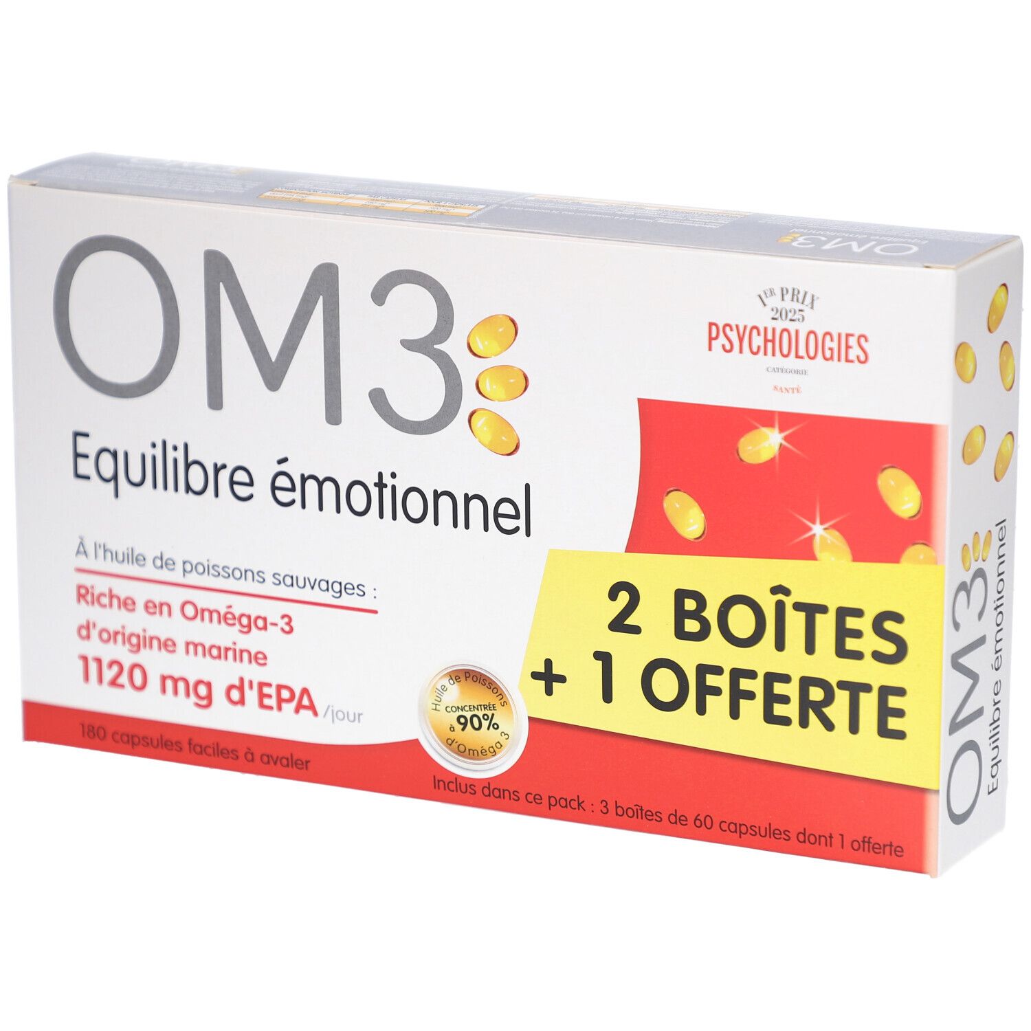 Boîte blanche OM3 avec texte. Inscription: Equilibre émotionnel. 2 Boîtes + 1 Offerte. Contient des gélules. Logo Psychologies.