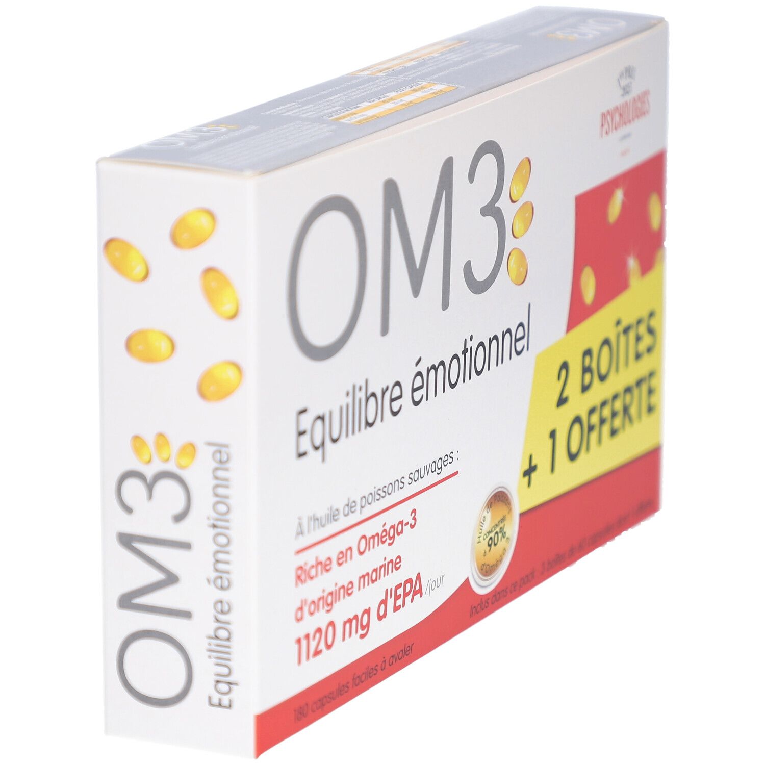 Boîte OM3 blanche en biais. Texte: Equilibre émotionnel. 2 Boîtes + 1 Offerte. Contient des gélules. Logo Psychologies.
